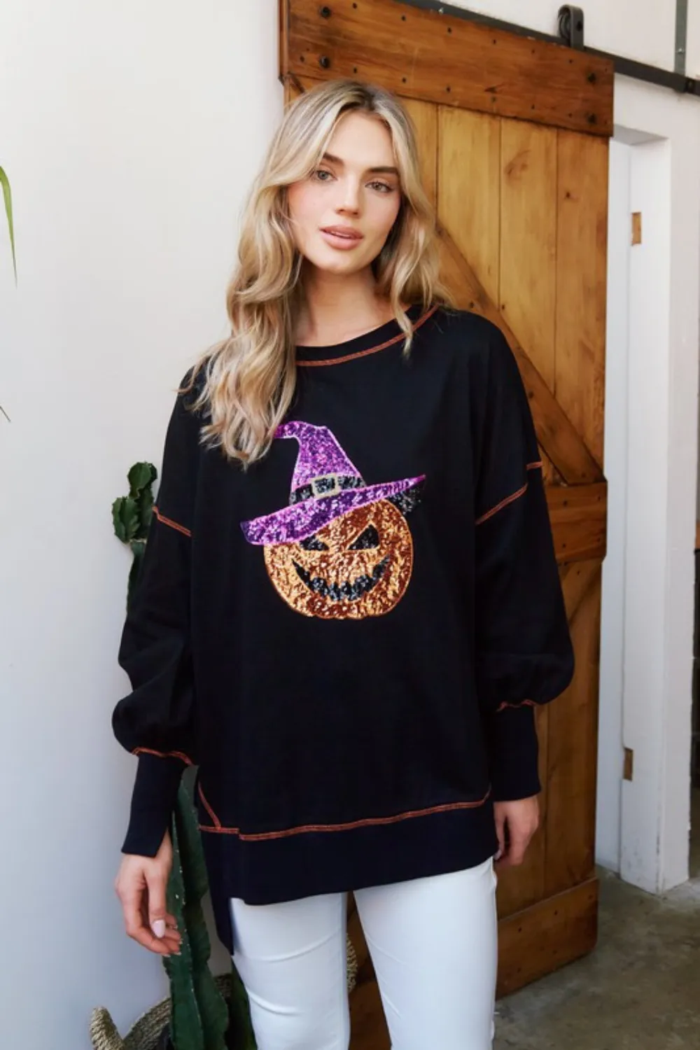 OVERSIZED SEQUIN PUMPKIN PULLOVER | BLACK