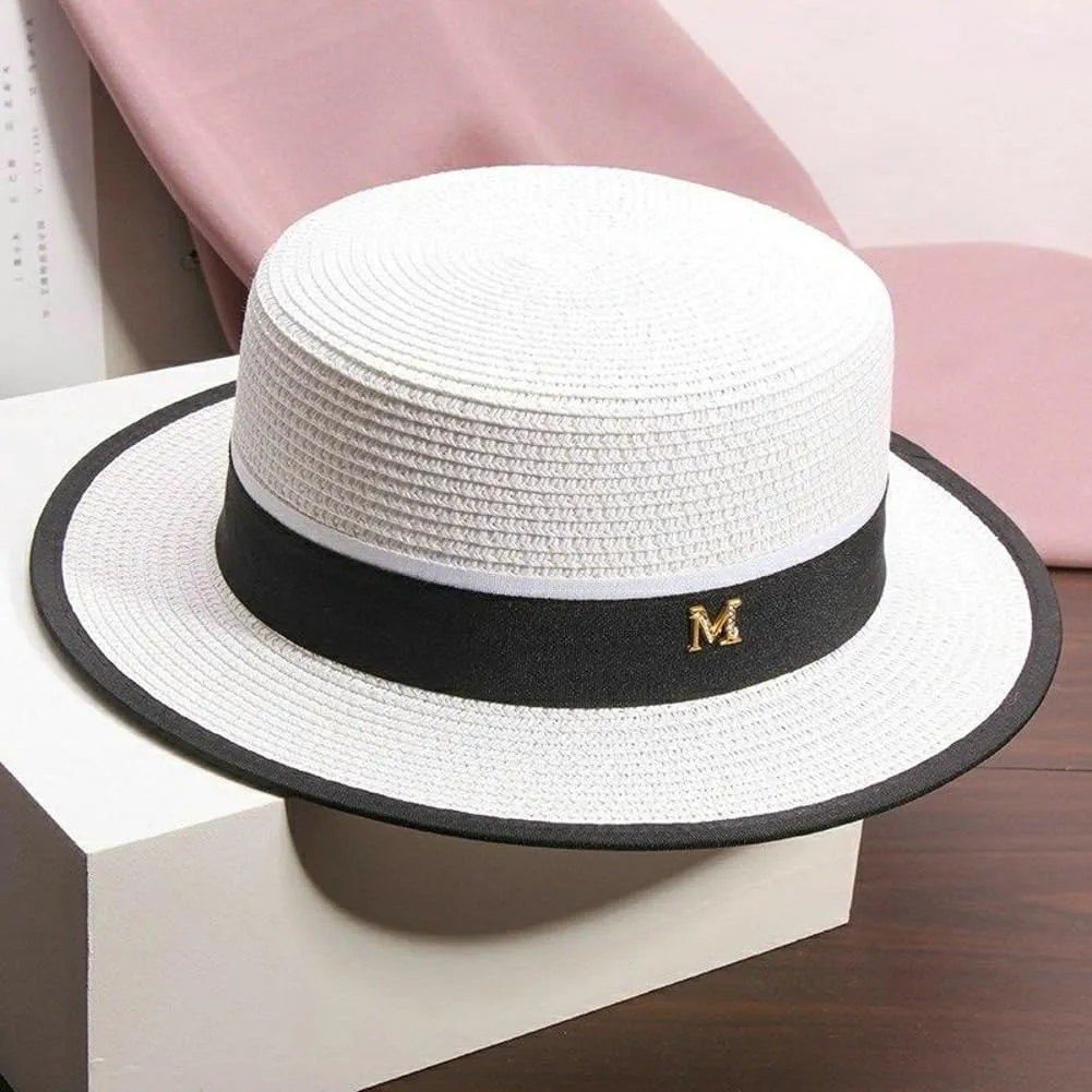 Panama Straw Boater Hat for Women Wide Brim Summer Sun Hat with Adjustable Fit and Letter Embroidery