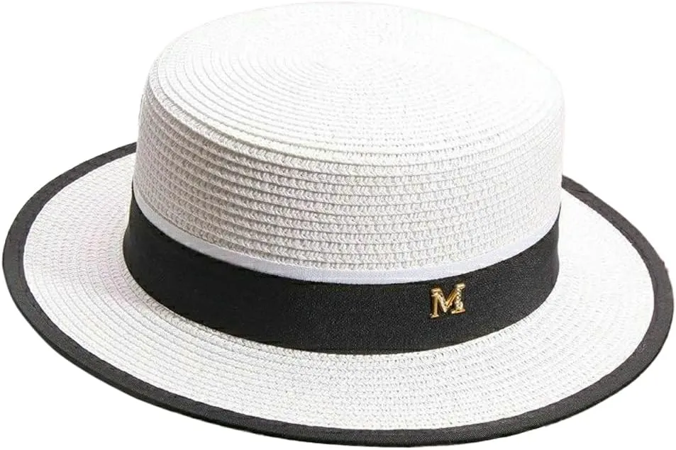 Panama Straw Boater Hat for Women Wide Brim Summer Sun Hat with Adjustable Fit and Letter Embroidery