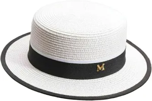 Panama Straw Boater Hat for Women Wide Brim Summer Sun Hat with Adjustable Fit and Letter Embroidery