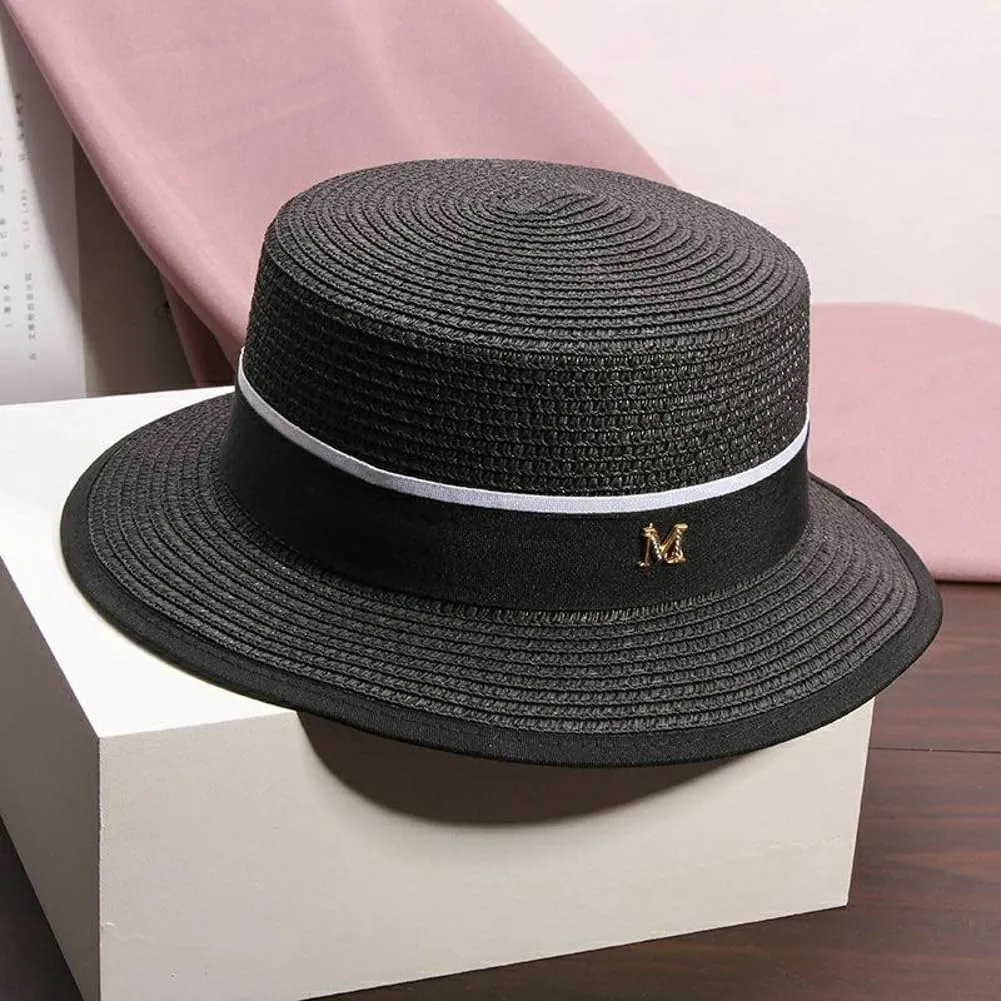 Panama Straw Boater Hat for Women Wide Brim Summer Sun Hat with Adjustable Fit and Letter Embroidery