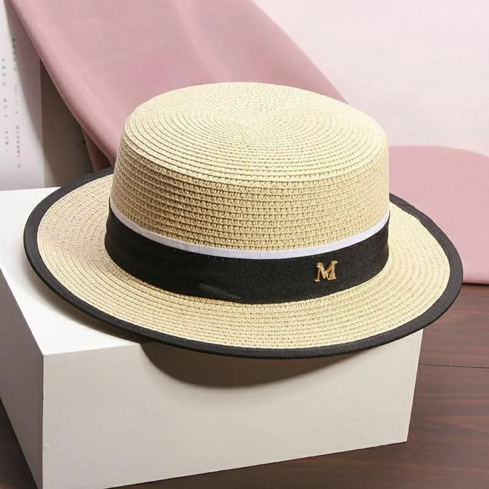 Panama Straw Boater Hat for Women Wide Brim Summer Sun Hat with Adjustable Fit and Letter Embroidery