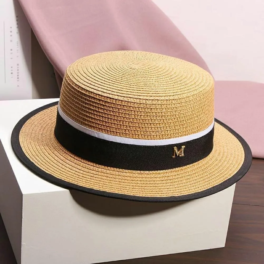 Panama Straw Boater Hat for Women Wide Brim Summer Sun Hat with Adjustable Fit and Letter Embroidery