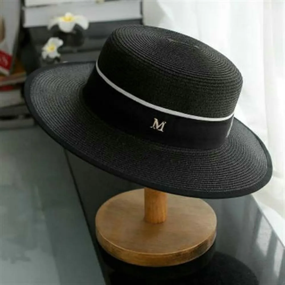 Panama Straw Boater Hat for Women Wide Brim Summer Sun Hat with Adjustable Fit and Letter Embroidery