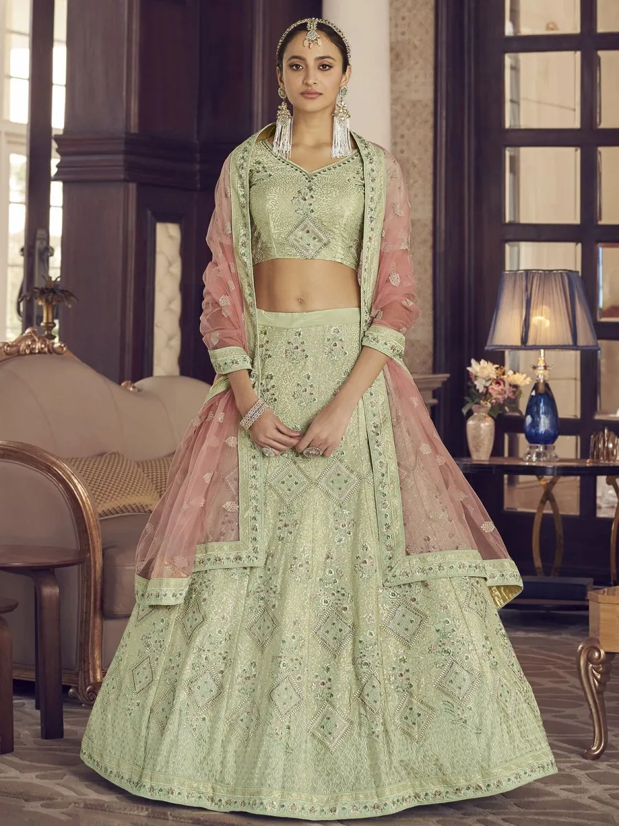 Pista Green Crepe Designer Lehenga Choli