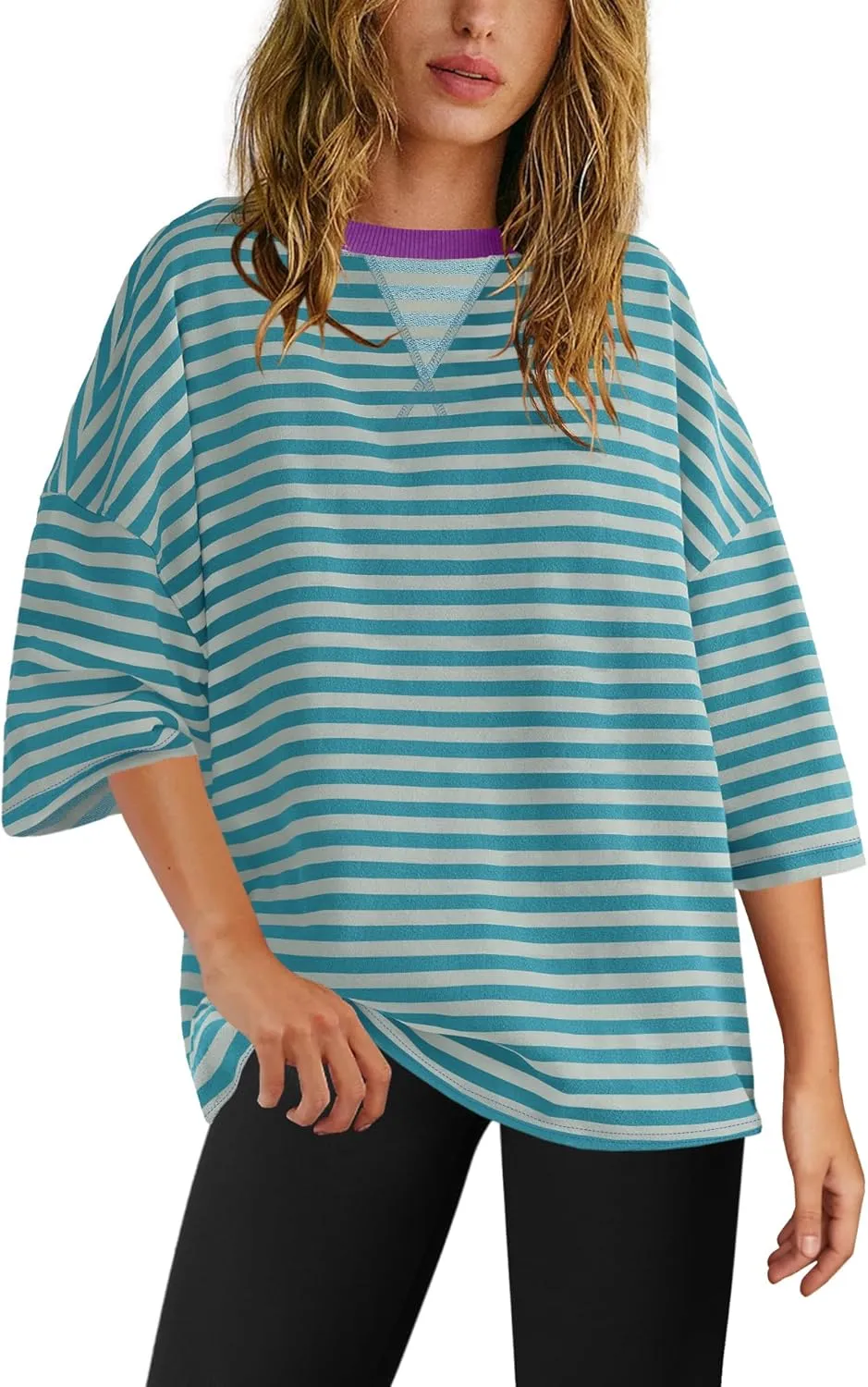 SENSERISE Womens Summer Tops Short Sleeve Sweatshirt Crewneck Striped T Shirt Oversized Basic Tees Casual Loose Fit