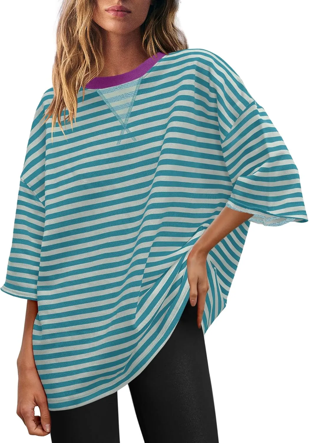 SENSERISE Womens Summer Tops Short Sleeve Sweatshirt Crewneck Striped T Shirt Oversized Basic Tees Casual Loose Fit