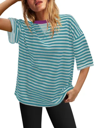 SENSERISE Womens Summer Tops Short Sleeve Sweatshirt Crewneck Striped T Shirt Oversized Basic Tees Casual Loose Fit
