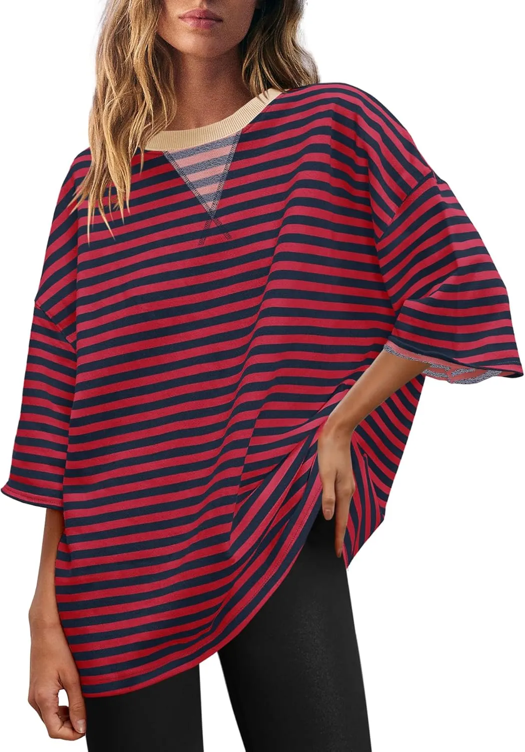 SENSERISE Womens Summer Tops Short Sleeve Sweatshirt Crewneck Striped T Shirt Oversized Basic Tees Casual Loose Fit
