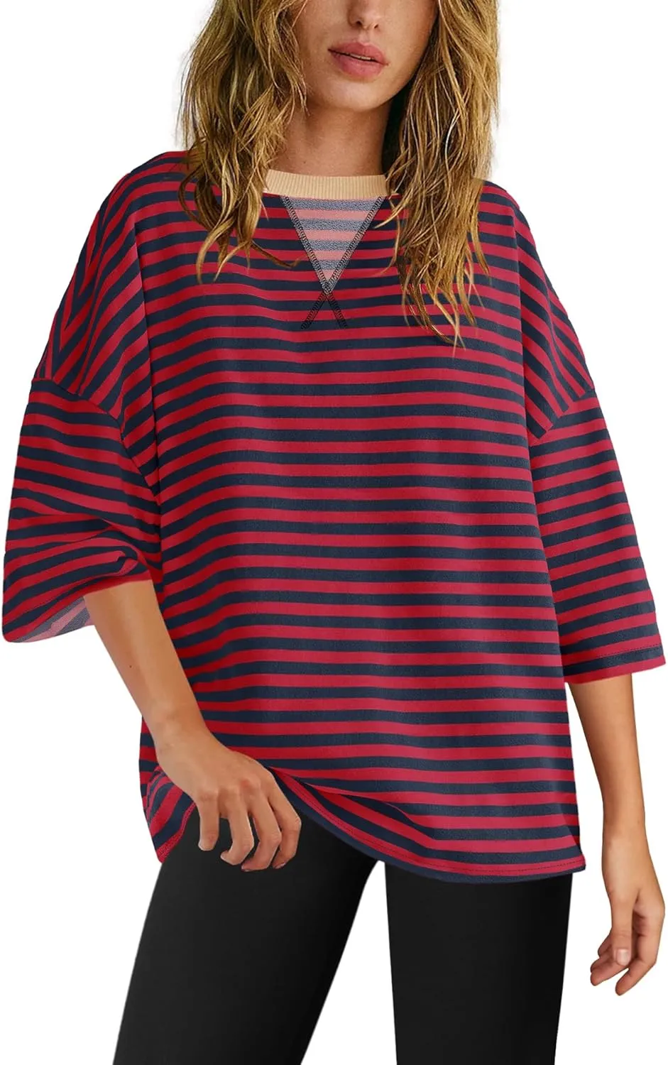 SENSERISE Womens Summer Tops Short Sleeve Sweatshirt Crewneck Striped T Shirt Oversized Basic Tees Casual Loose Fit