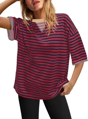 SENSERISE Womens Summer Tops Short Sleeve Sweatshirt Crewneck Striped T Shirt Oversized Basic Tees Casual Loose Fit