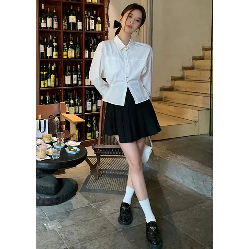 Slim Waist Blue French Style Shirt Solid Color Chic Pockets Single Breasted Fashion Female Shirts Simple Office Ladies