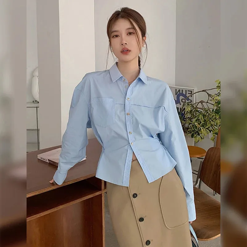 Slim Waist Blue French Style Shirt Solid Color Chic Pockets Single Breasted Fashion Female Shirts Simple Office Ladies