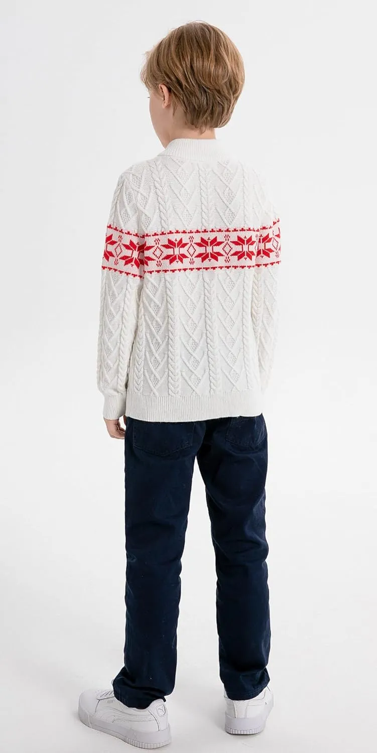 SMILING PINKER Boys Christmas Sweater Cable Knit Half Zip Mock Neck Snowflake Pullover