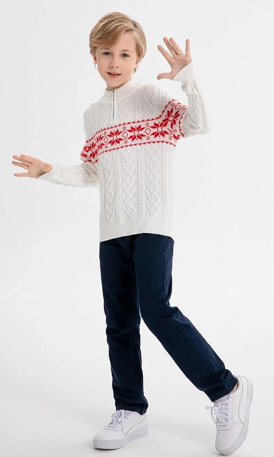SMILING PINKER Boys Christmas Sweater Cable Knit Half Zip Mock Neck Snowflake Pullover