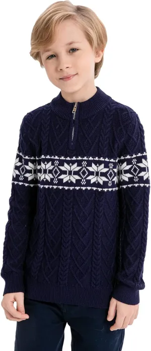 SMILING PINKER Boys Christmas Sweater Cable Knit Half Zip Mock Neck Snowflake Pullover