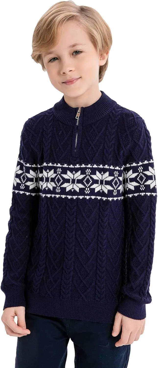 SMILING PINKER Boys Christmas Sweater Cable Knit Half Zip Mock Neck Snowflake Pullover