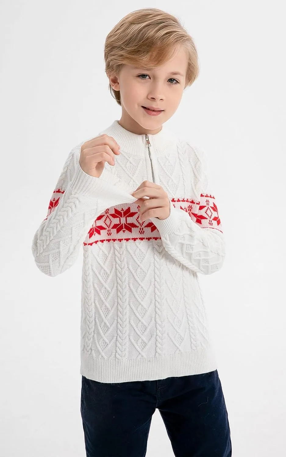 SMILING PINKER Boys Christmas Sweater Cable Knit Half Zip Mock Neck Snowflake Pullover