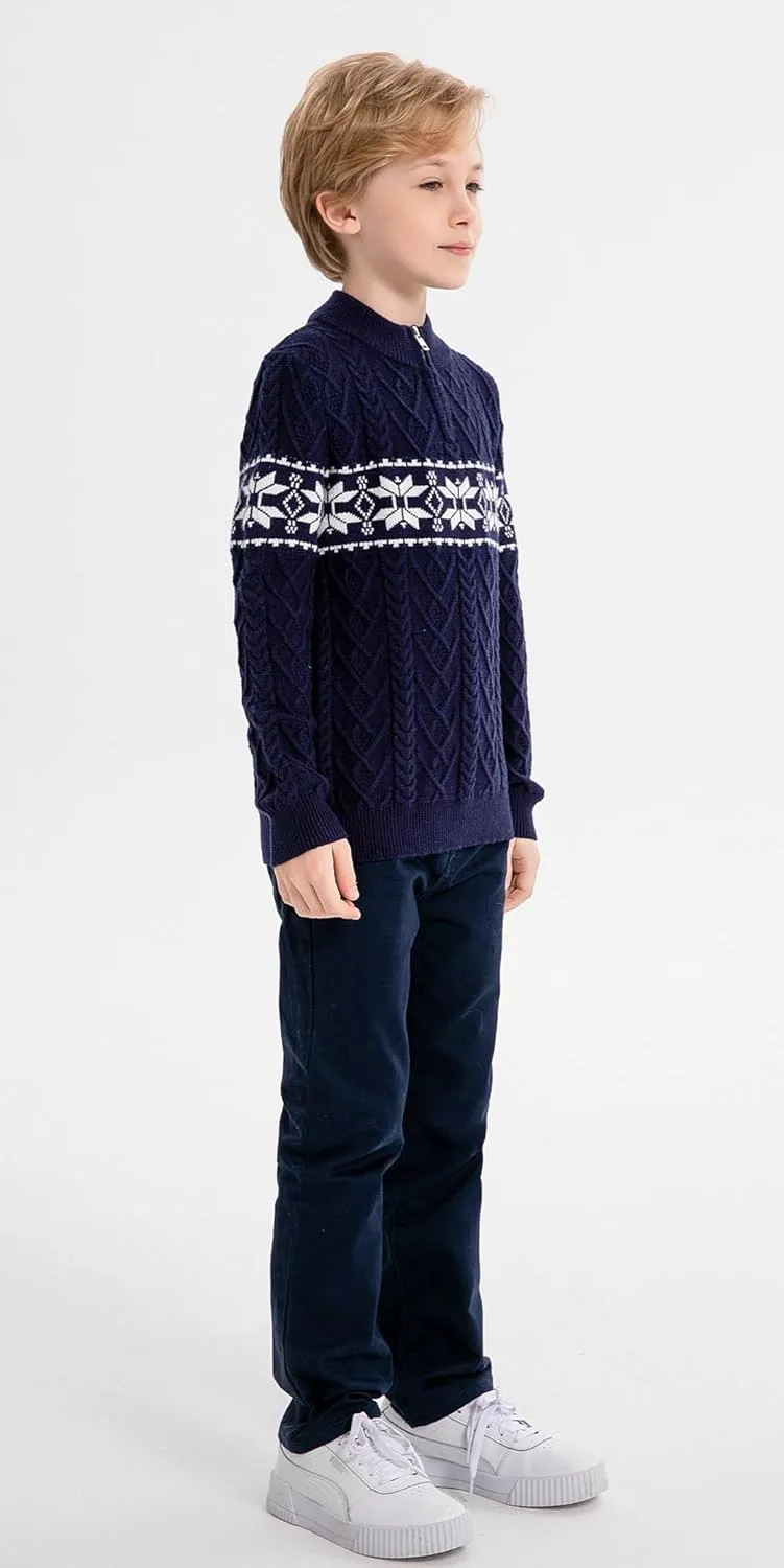 SMILING PINKER Boys Christmas Sweater Cable Knit Half Zip Mock Neck Snowflake Pullover