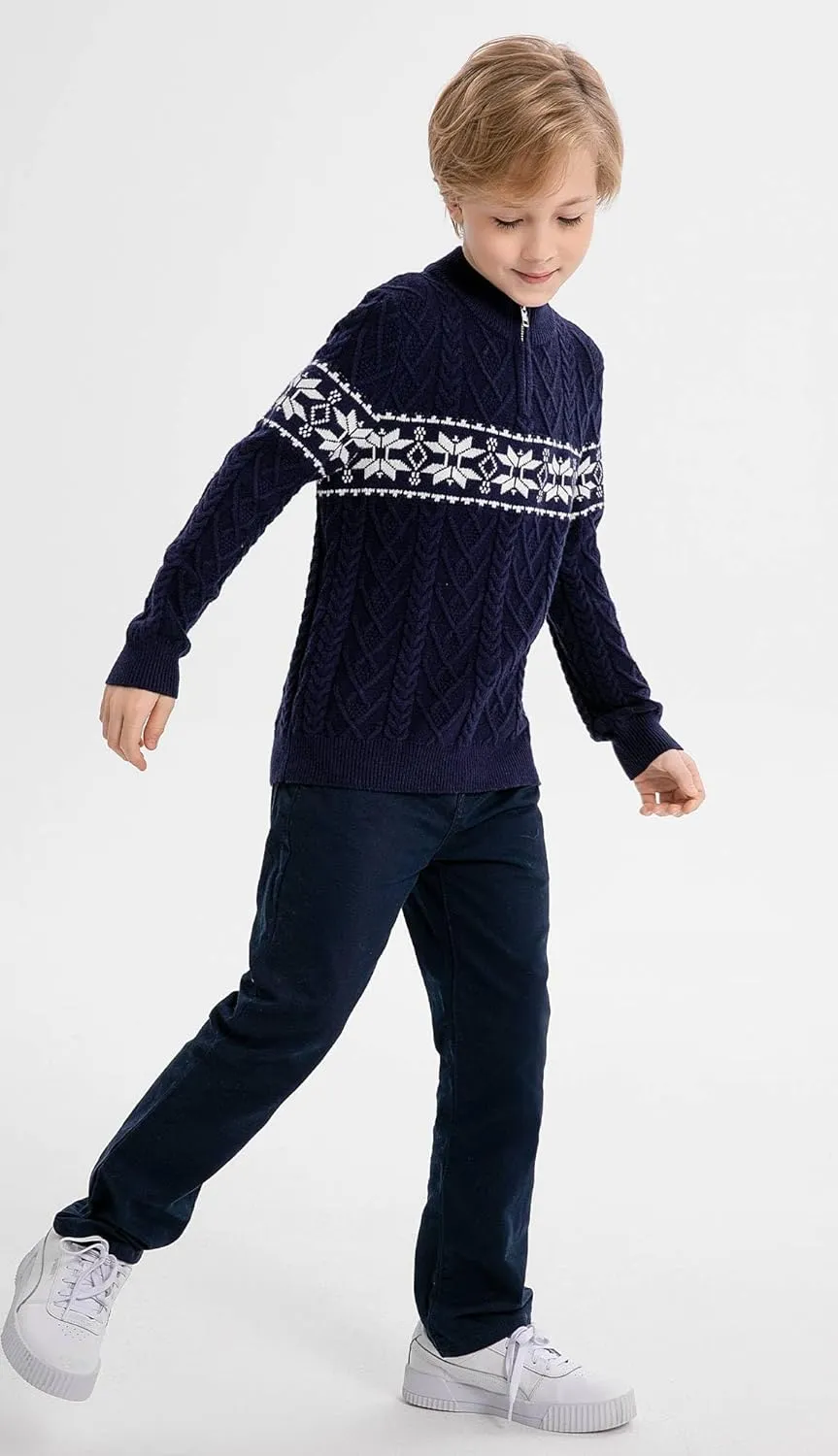 SMILING PINKER Boys Christmas Sweater Cable Knit Half Zip Mock Neck Snowflake Pullover