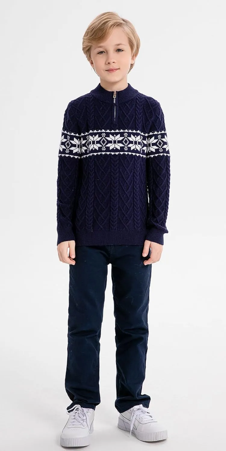 SMILING PINKER Boys Christmas Sweater Cable Knit Half Zip Mock Neck Snowflake Pullover