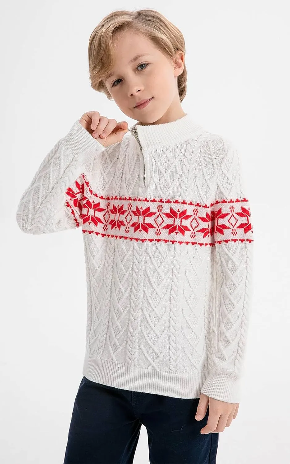 SMILING PINKER Boys Christmas Sweater Cable Knit Half Zip Mock Neck Snowflake Pullover