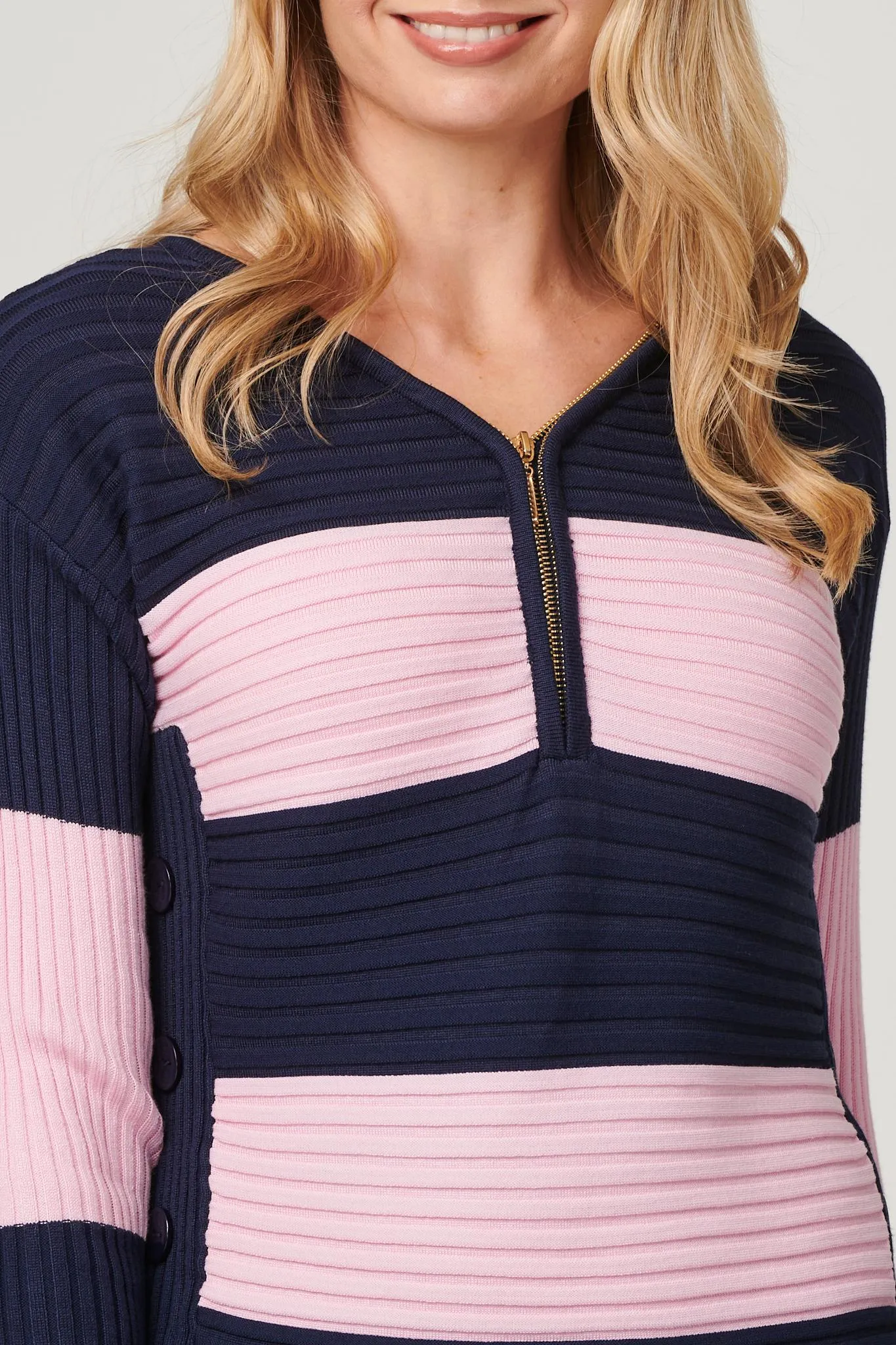 Striped Zip Front Ribbed Knit Top