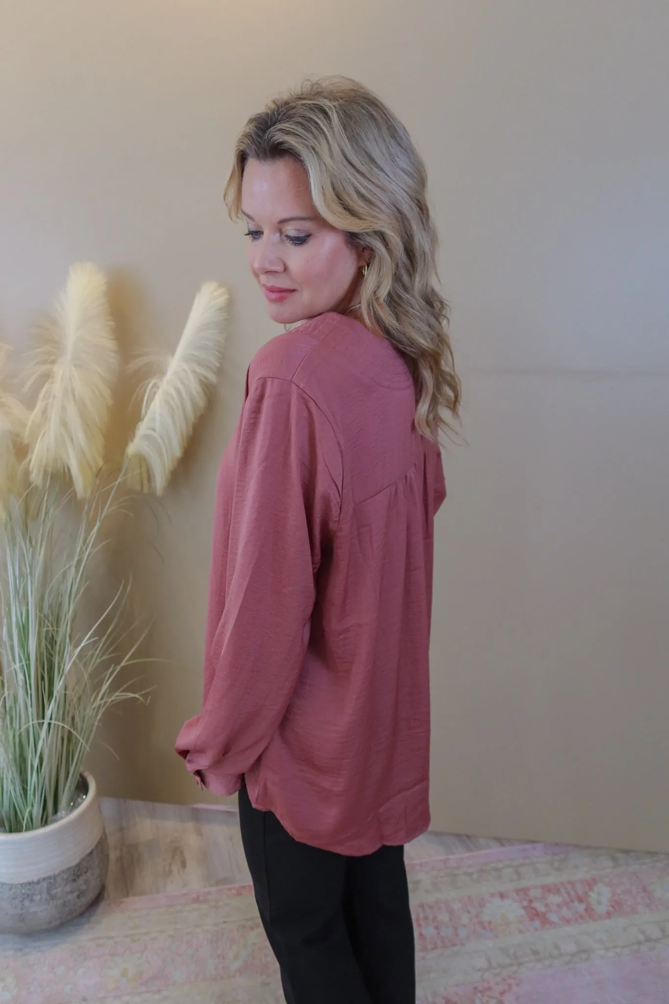 Think It Through Dark Mauve Satin Blouse - Extended Sizes