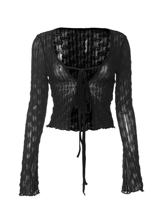 Uniwim ootd Perspective Mesh Lace Up Long Sleeve Blouse