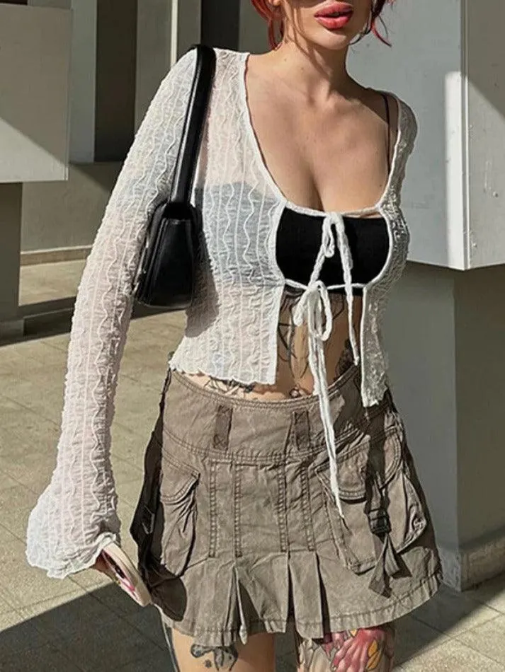 Uniwim ootd Perspective Mesh Lace Up Long Sleeve Blouse