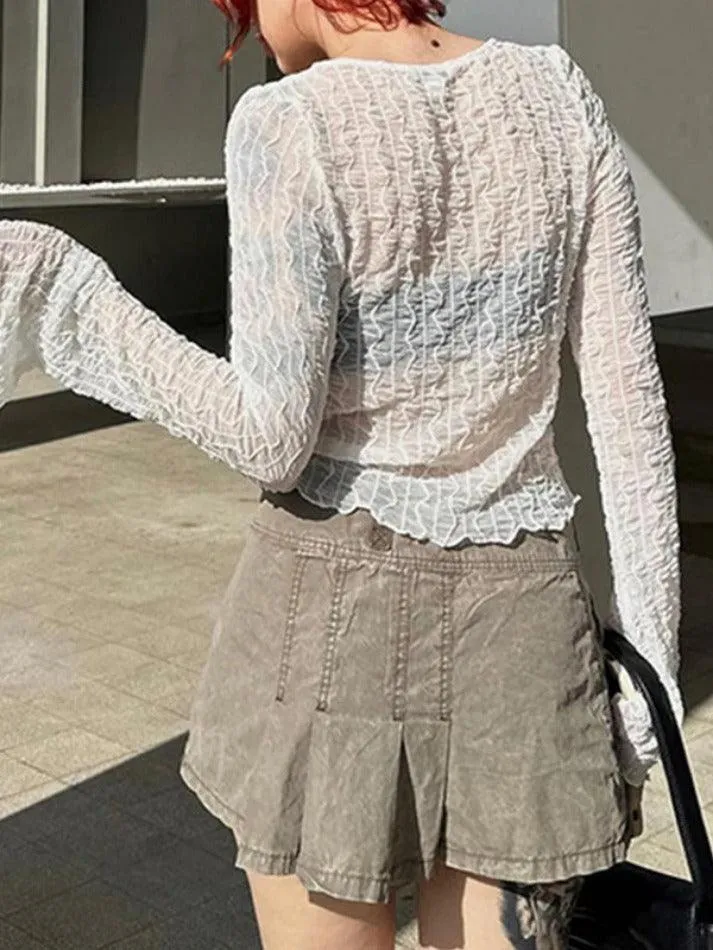 Uniwim ootd Perspective Mesh Lace Up Long Sleeve Blouse