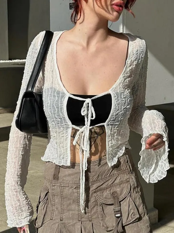 Uniwim ootd Perspective Mesh Lace Up Long Sleeve Blouse