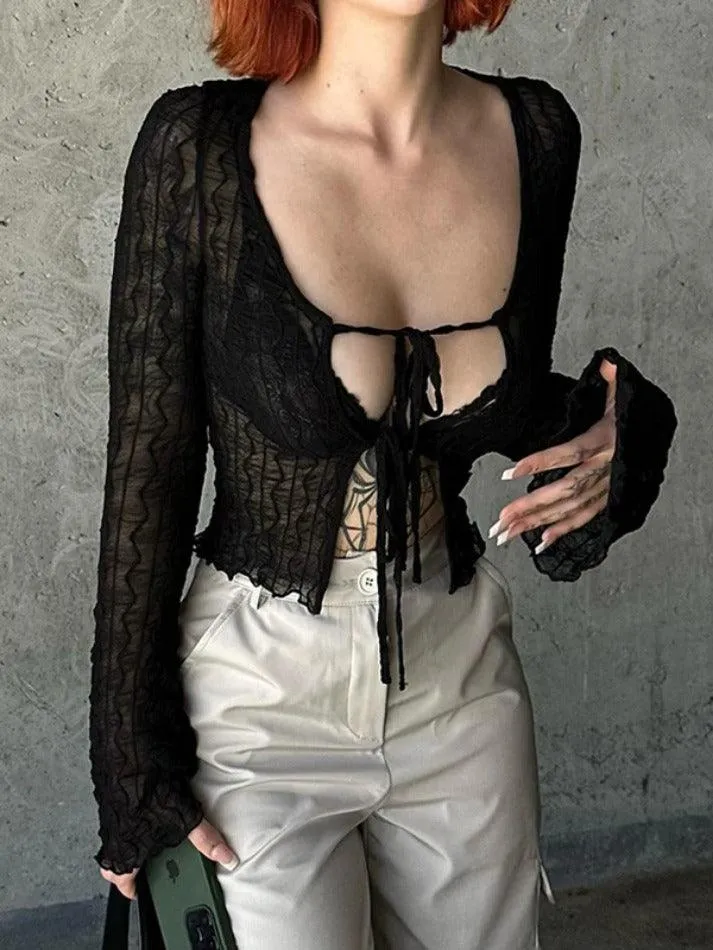 Uniwim ootd Perspective Mesh Lace Up Long Sleeve Blouse