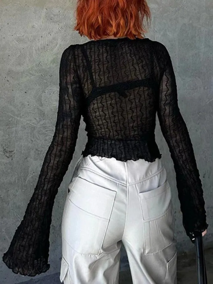 Uniwim ootd Perspective Mesh Lace Up Long Sleeve Blouse