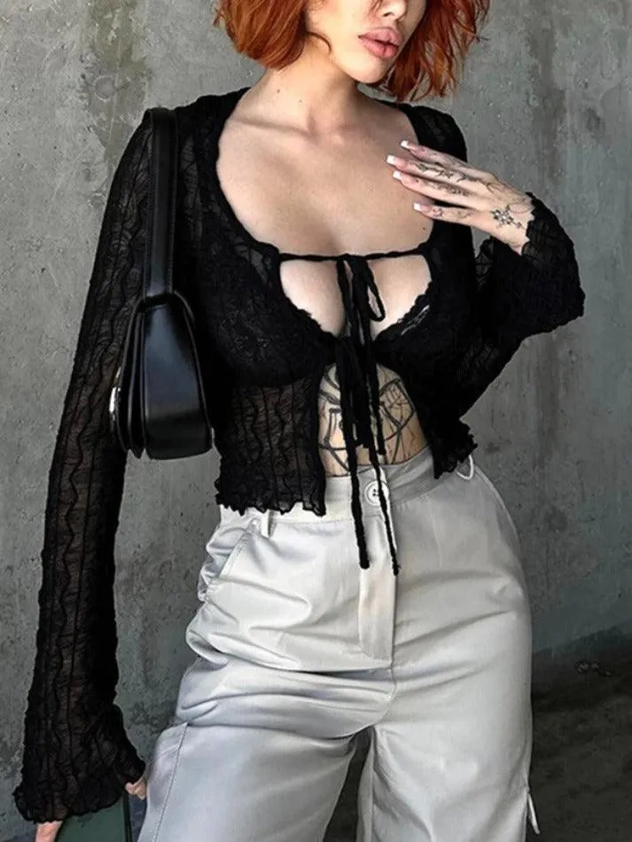 Uniwim ootd Perspective Mesh Lace Up Long Sleeve Blouse