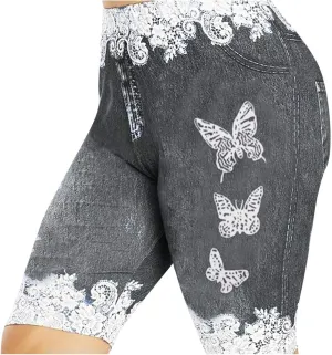 VOWUA Jean Leggings for Women Plus Size High Waisted Capri Cropped Leggings Denim Stretch Jean Look Jeggings Tights
