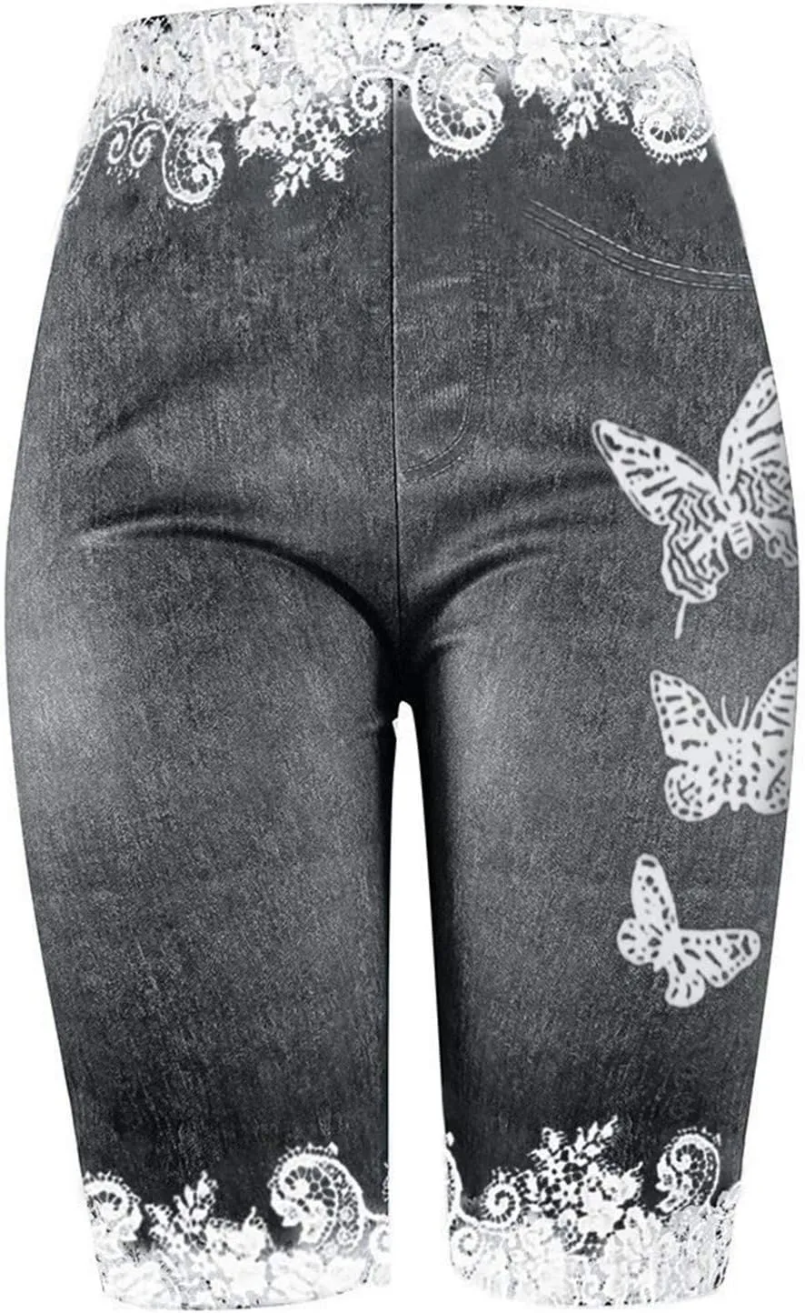 VOWUA Jean Leggings for Women Plus Size High Waisted Capri Cropped Leggings Denim Stretch Jean Look Jeggings Tights