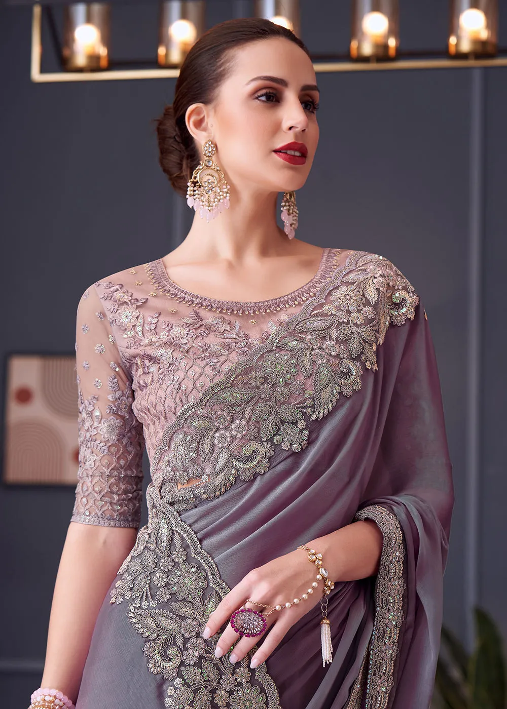 Wedding Festive Style Purple Embroidered Designer Saree