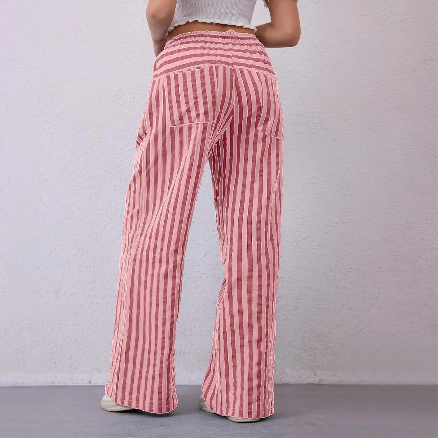 Wide Leg Pants Woman Lounge Casual Straight Leg Striped Pants Drawstring Low Waist Loose Fit Flowy Boho Palazzo Pants