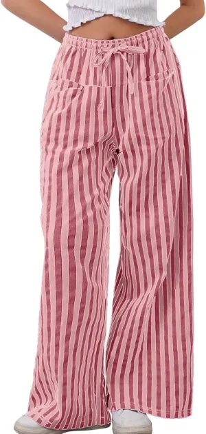 Wide Leg Pants Woman Lounge Casual Straight Leg Striped Pants Drawstring Low Waist Loose Fit Flowy Boho Palazzo Pants