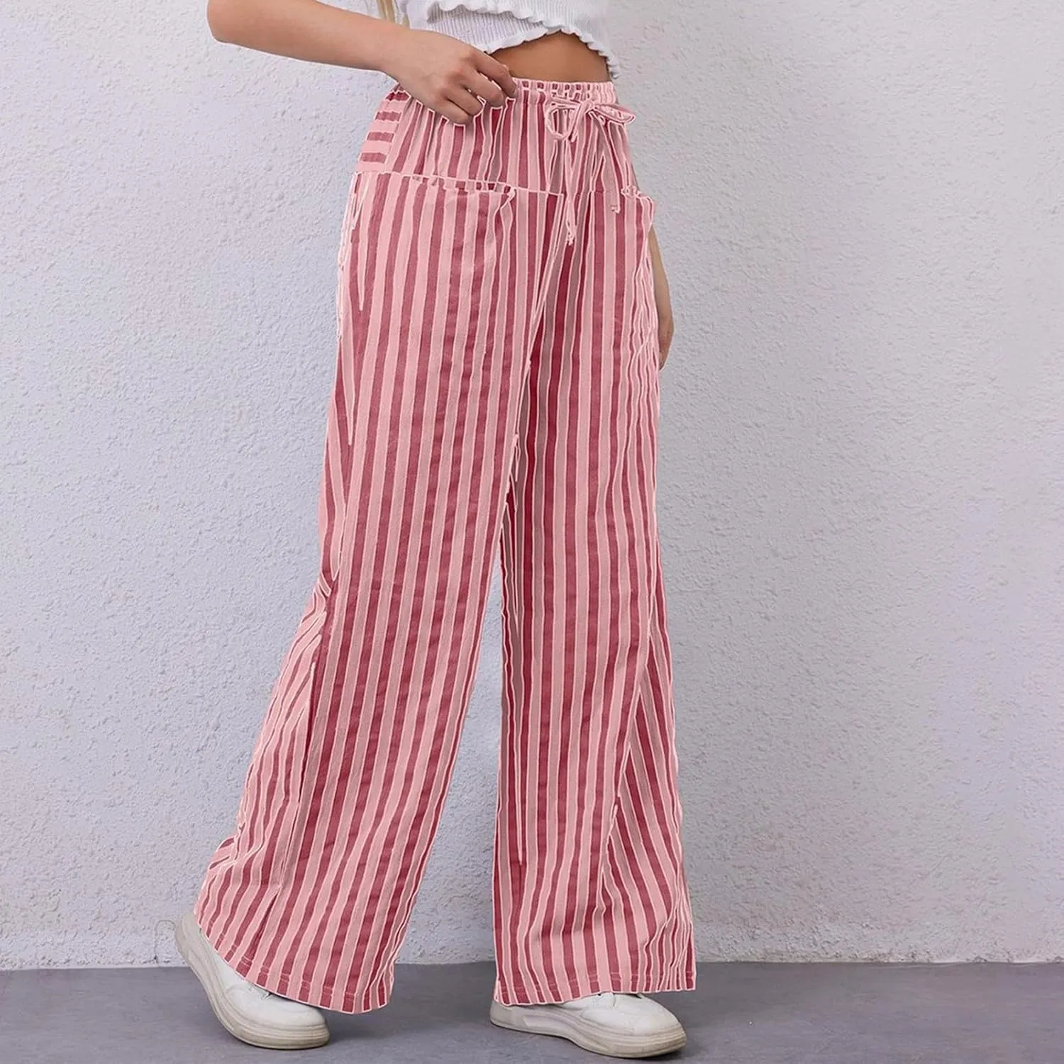 Wide Leg Pants Woman Lounge Casual Straight Leg Striped Pants Drawstring Low Waist Loose Fit Flowy Boho Palazzo Pants