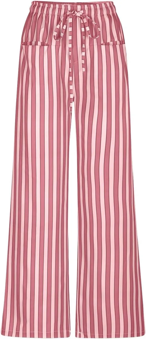 Wide Leg Pants Woman Lounge Casual Straight Leg Striped Pants Drawstring Low Waist Loose Fit Flowy Boho Palazzo Pants
