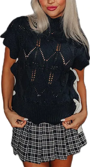 Womens Y2k Lace Up Ribbon Sweater Vest with Bow Twist Mock Neck Crochet Tank Cute Cap Sleeve Cable Knit Sweater Top
