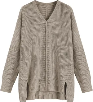 ZAFUL Women's Oversized Sweaters V Neck Long Sleeve Knit Pullover Batwing Drop Shoulder Split Tops Trendy Fall Outfits 2024