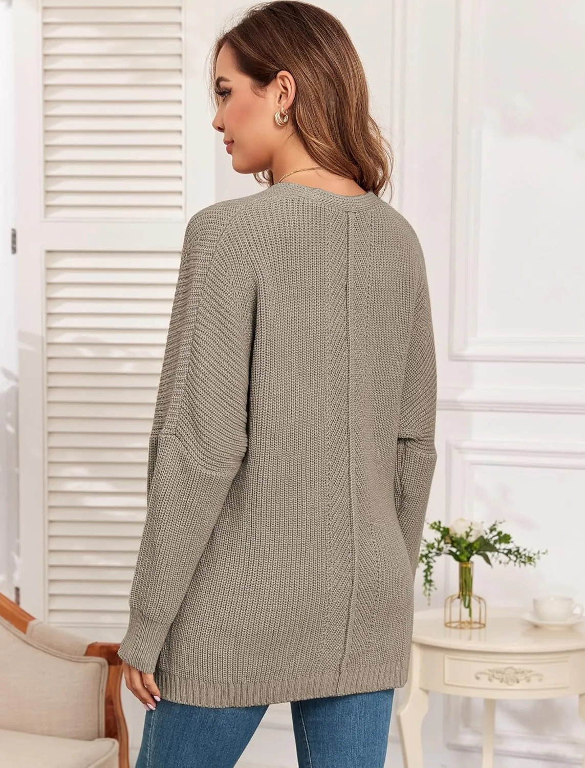 ZAFUL Women's Oversized Sweaters V Neck Long Sleeve Knit Pullover Batwing Drop Shoulder Split Tops Trendy Fall Outfits 2024