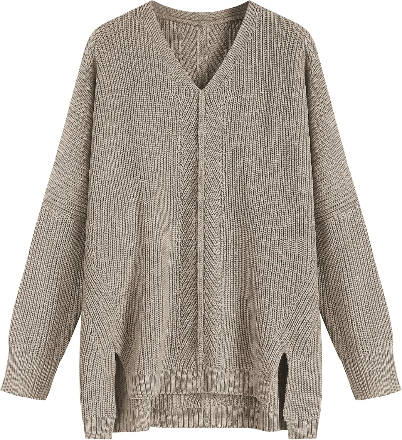 ZAFUL Women's Oversized Sweaters V Neck Long Sleeve Knit Pullover Batwing Drop Shoulder Split Tops Trendy Fall Outfits 2024