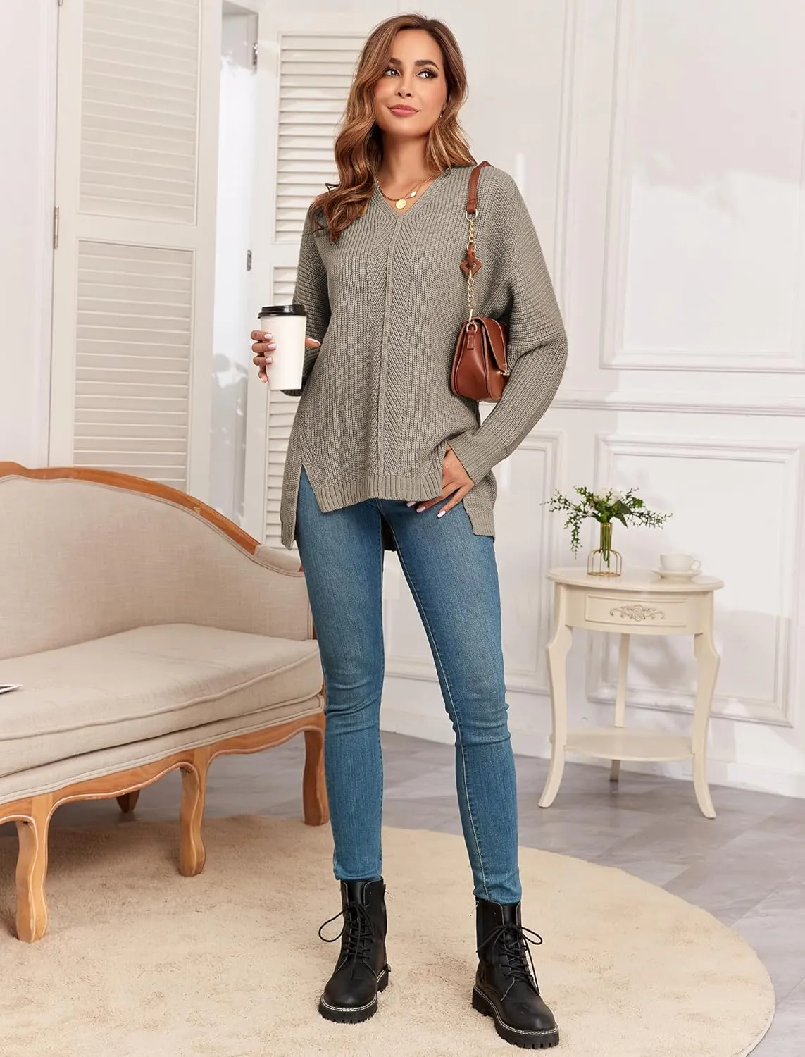 ZAFUL Women's Oversized Sweaters V Neck Long Sleeve Knit Pullover Batwing Drop Shoulder Split Tops Trendy Fall Outfits 2024