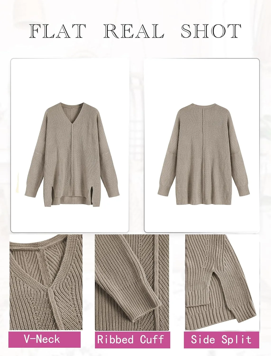 ZAFUL Women's Oversized Sweaters V Neck Long Sleeve Knit Pullover Batwing Drop Shoulder Split Tops Trendy Fall Outfits 2024