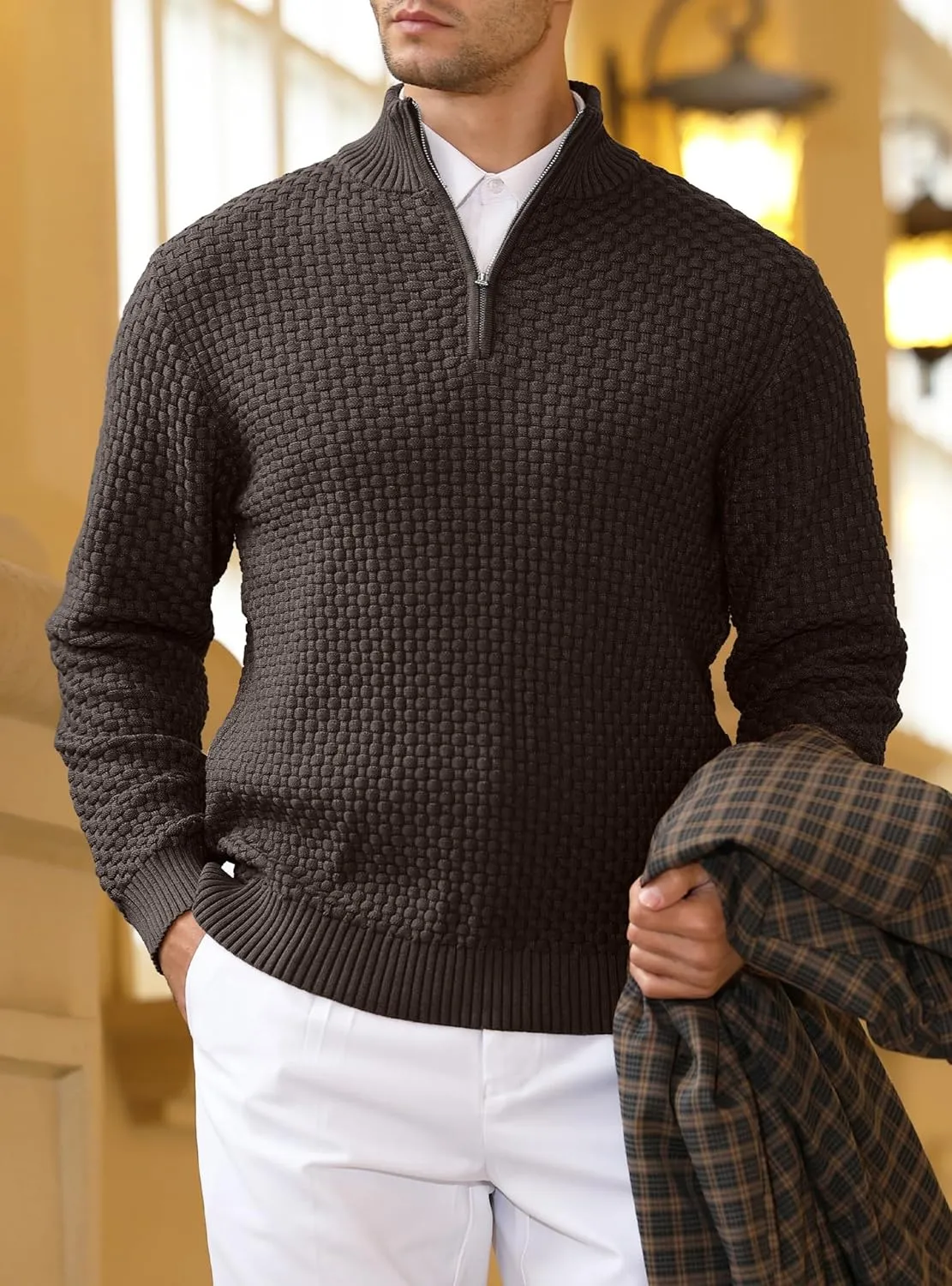 Zaitun Men's Quarter Zip Sweaters Polo Zip Up Pullover Waffle Knit Mock Neck Turtleneck