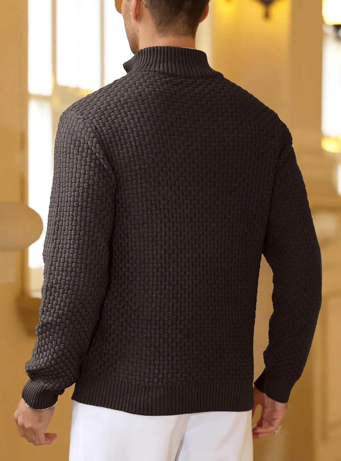 Zaitun Men's Quarter Zip Sweaters Polo Zip Up Pullover Waffle Knit Mock Neck Turtleneck